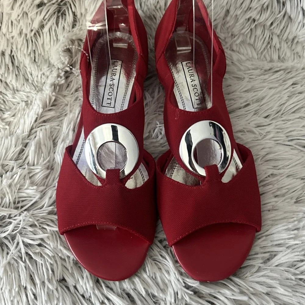 Laura Scott Red Open-Toe Wedge Sandals with Silver Accent